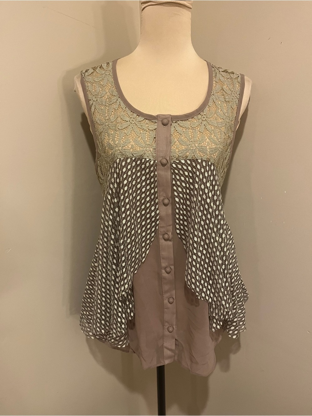 NWT Anthro A'Reve Fairy Brown lace, sheer & Patterned Layered Sleeveless Top, L